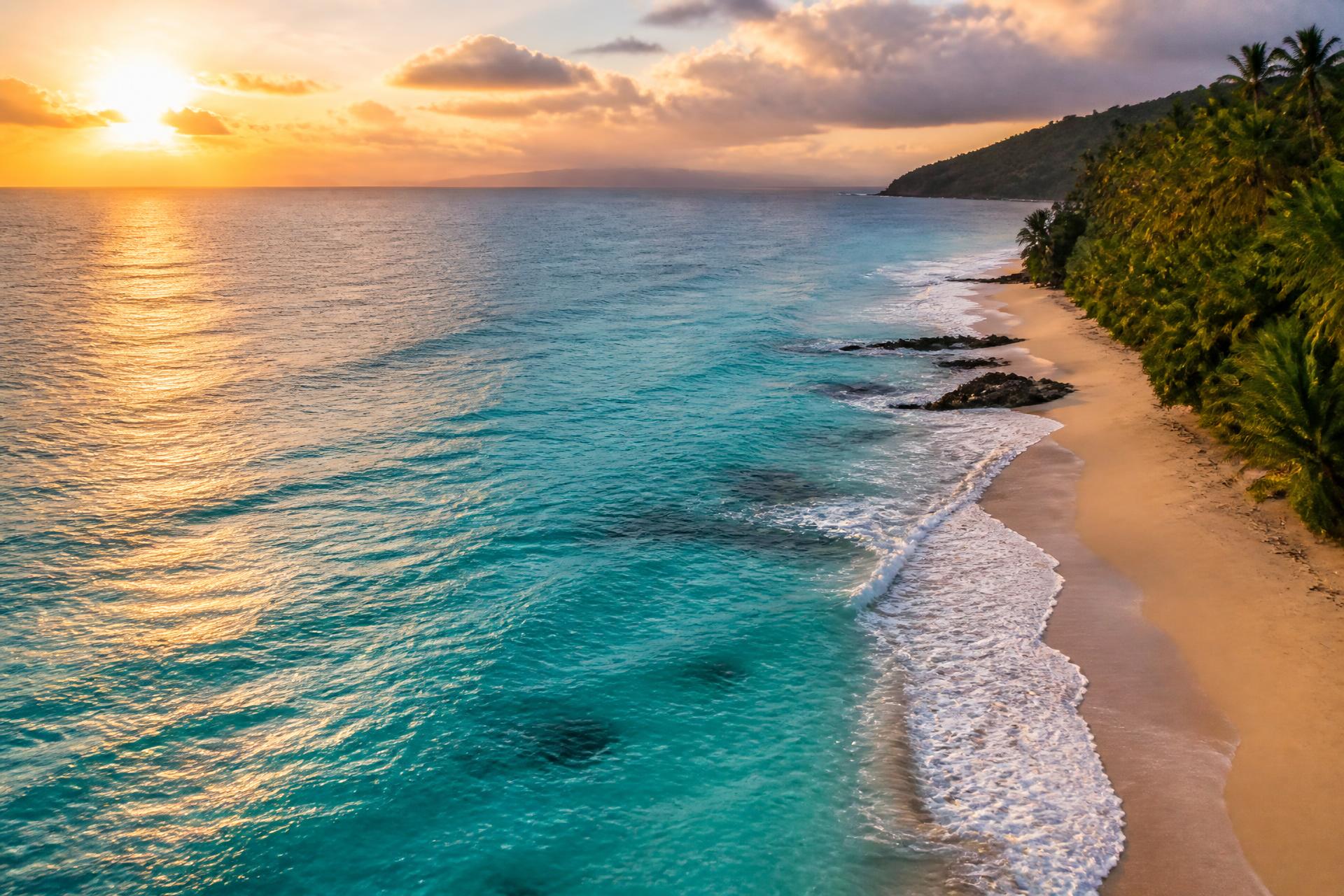Mar turquesa del Caribe al atardecer, costa natural
